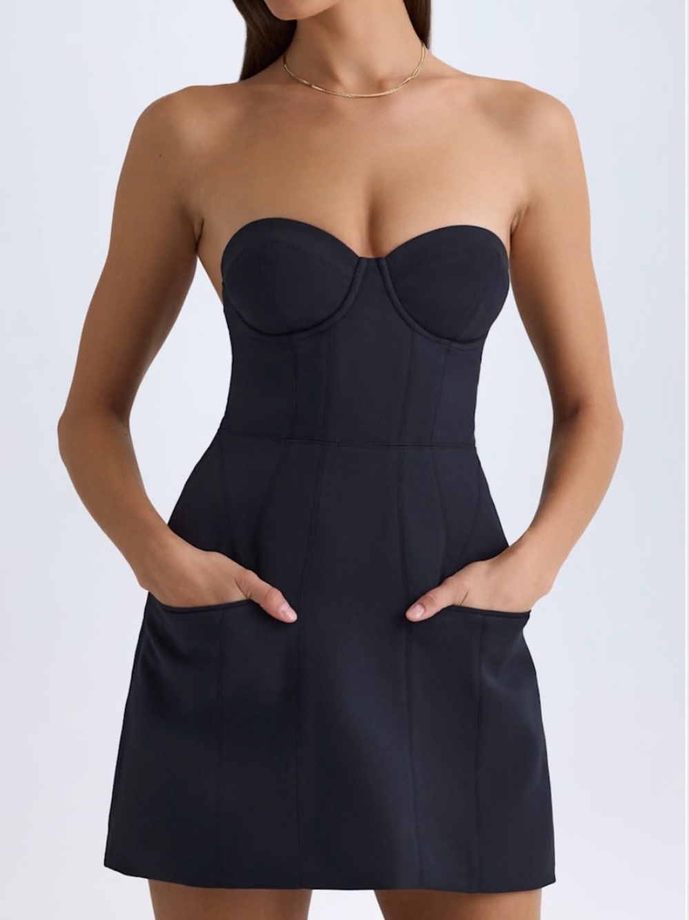 Oh Polly Arta Strapless Structured Tulip Mini Dress in Black — Size US 8 - Picture 3 of 8